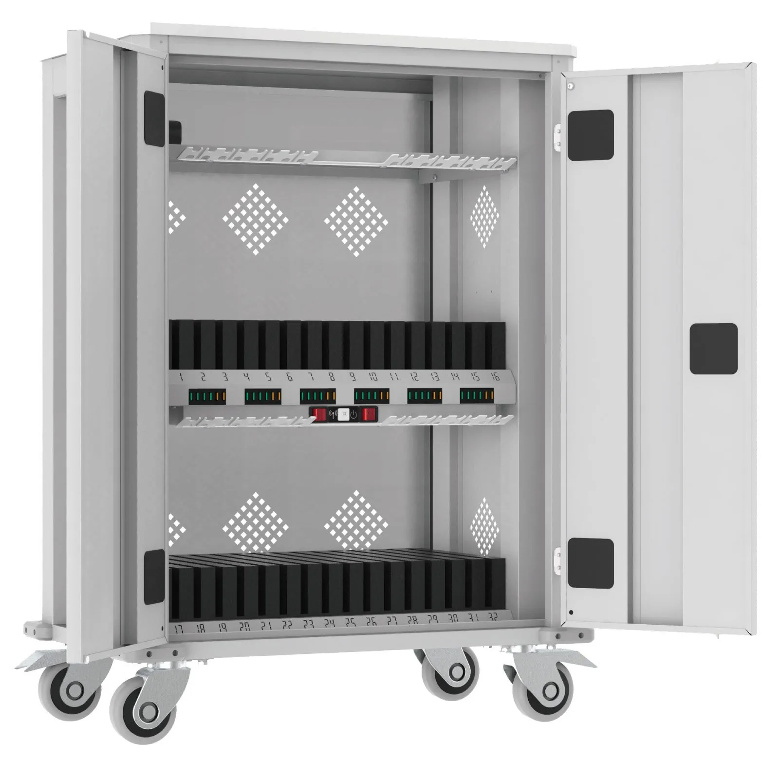 Notebook-Wagen mit 32 Tablet Fächer + 1 Laptop Fach | HxBxT 105x73x44cm | Lichtgrau
